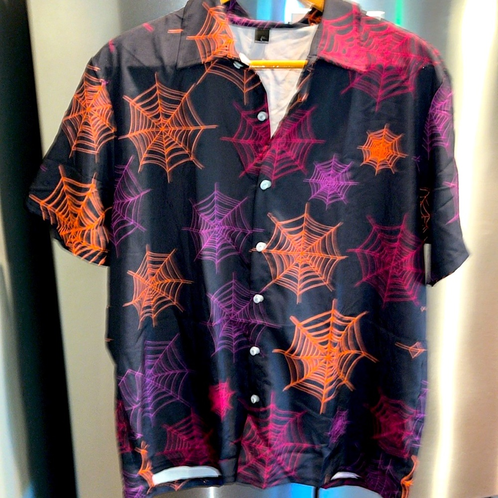Halloween spider web black button shirt purple orange short sleeve collar mens L